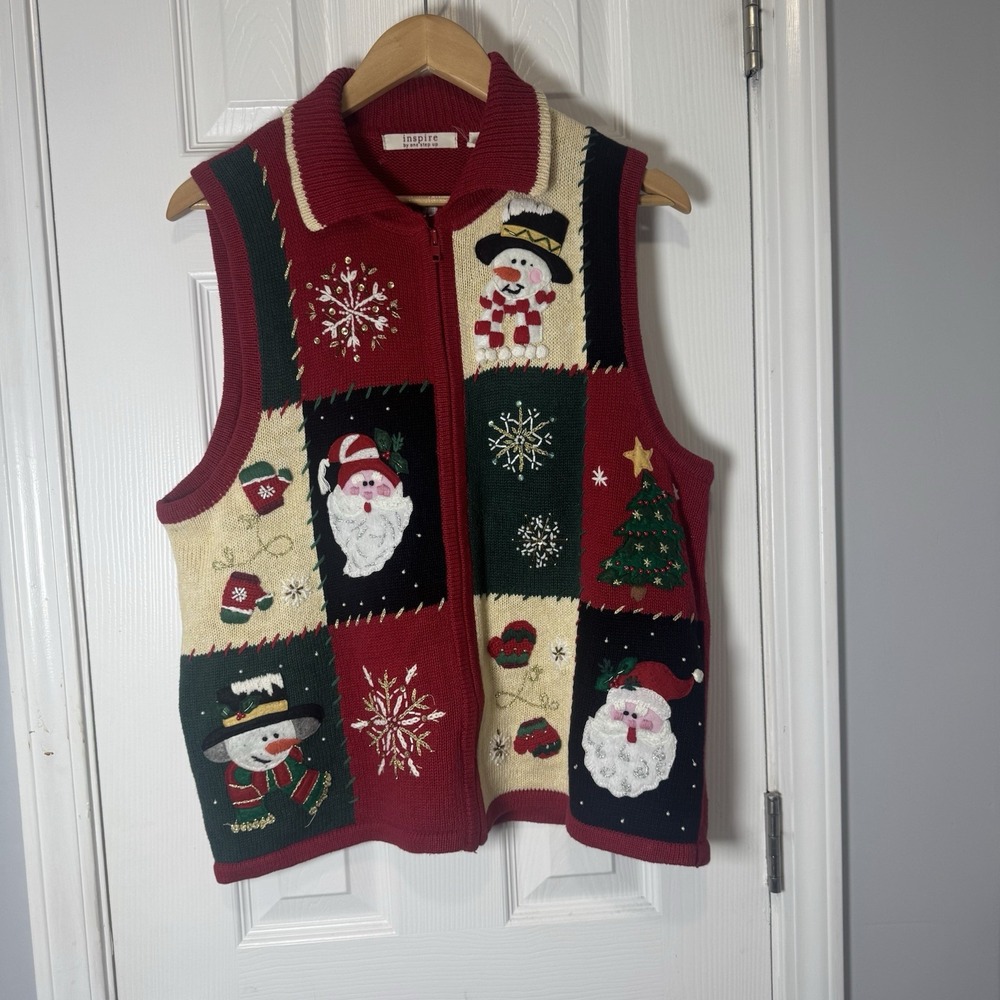 Vintage Inspire by One Step Up Christmas Sweater Vest Size L Large Beaded
